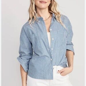 Old Navy utility boyfriend stripe blue railroad crop button down ladies top XXL
